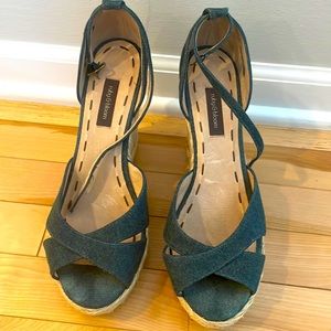 Ruby & Bloom Blue Denim Wedge Espadrille Sandals 4” Heel 10M Great Condition